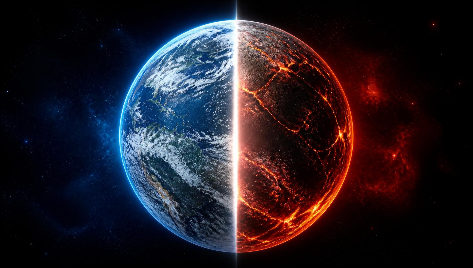 Earth split between a thriving blue hemisphere and a scorched, cracked red hemisphere